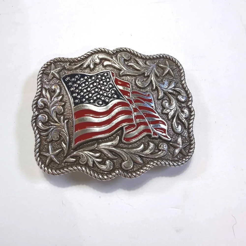 American Flag Belt Buckle Western Silver Tone Floral Scroll Patriotic USA Star